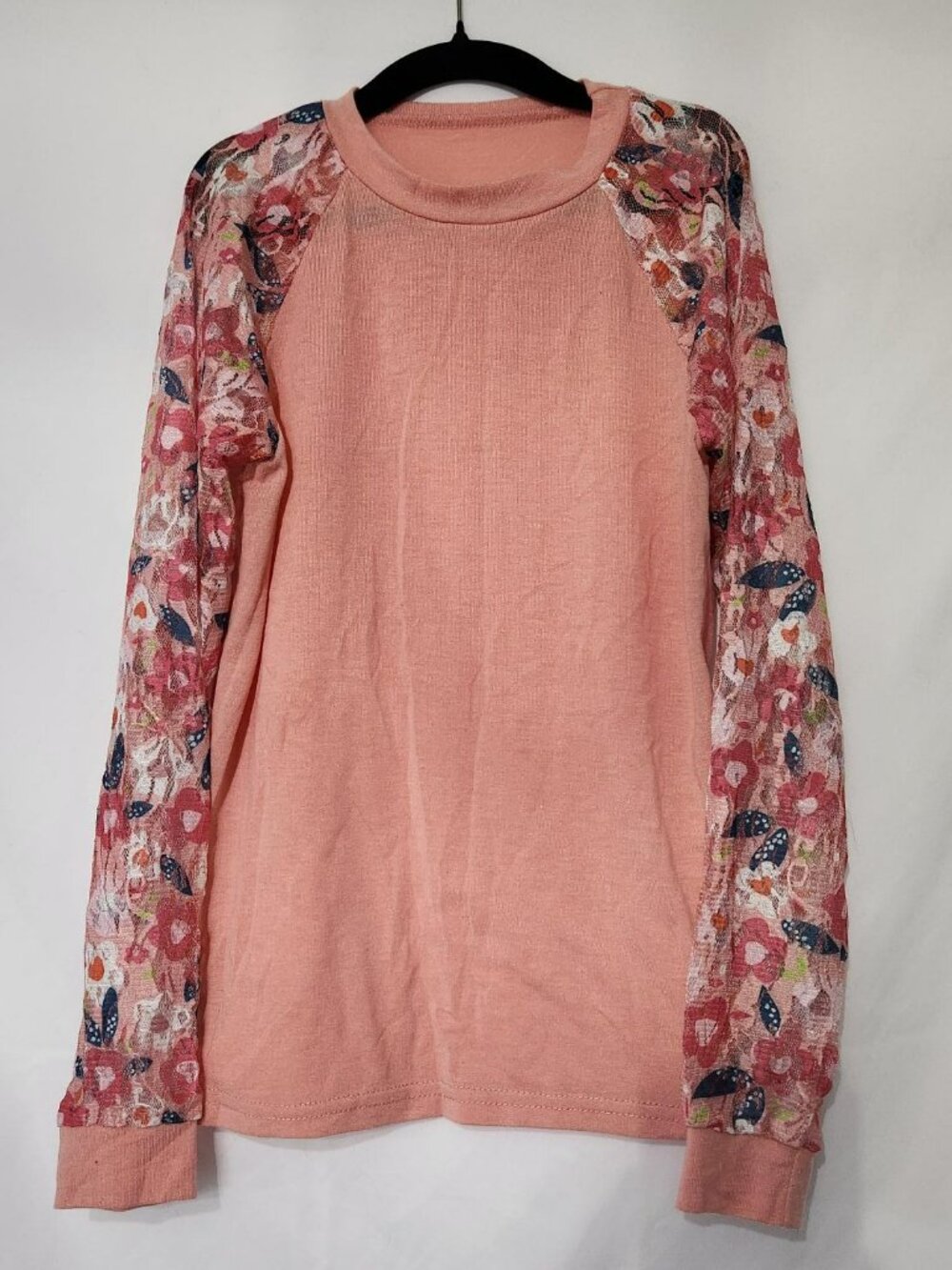 Girls Peach Lace Sleeve Top Size 8 Floral Crew Neck Shirt